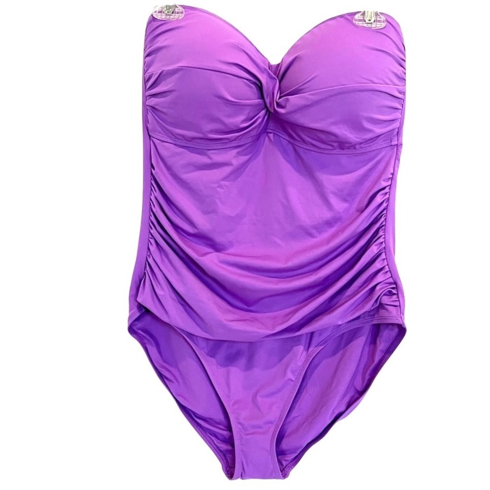 Anne Cole Swimsuit Ruched Bandeau One Piece Tummy Control Strapless Lt purple 16